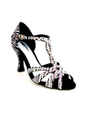 Carica immagine nella Galleria, ZEBRY Superb (L1) - Scarpa da Ballo in Raso Seta Zebrato con Swarovski e Tacco a Rocchetto
