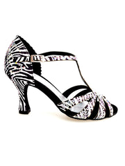 Carica immagine nella Galleria, ZEBRY Superb (L1) - Scarpa da Ballo in Raso Seta Zebrato con Swarovski e Tacco a Rocchetto
