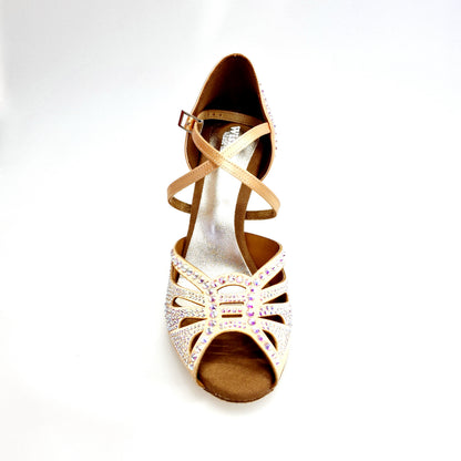 Scarpa da ballo donna DADA DIAMOND QC Wish Dance Shop in raso seta carne con Swarovski boreali, cinturini incrociati e tacco a rocchetto