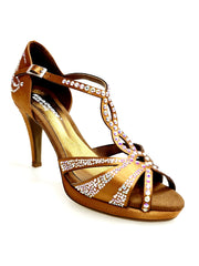 Load image into Gallery viewer, CAMILA Superb (accollata) L13P - Dance Shoe in Black Satin Silk with Boreal Swarovski and Wide Low Stiletto Heel with Plateau
