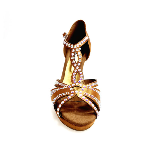 TANIA Superb (accollata) L13P - Scarpa da Ballo in Raso Seta Bronzo Tan con Swarovski boreali e Tacco Alto a Spillo Largo Rivestito in Raso Seta Bronzo Tan e Swarovski   Boreali e Plateau Confort Flex