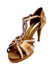 Load image into Gallery viewer, CAMILA Superb (accollata) L13P - Dance Shoe in Black Satin Silk with Boreal Swarovski and Wide Low Stiletto Heel with Plateau
