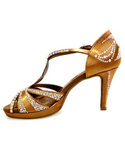 Load image into Gallery viewer, CAMILA Superb (accollata) L13P - Dance Shoe in Black Satin Silk with Boreal Swarovski and Wide Low Stiletto Heel with Plateau
