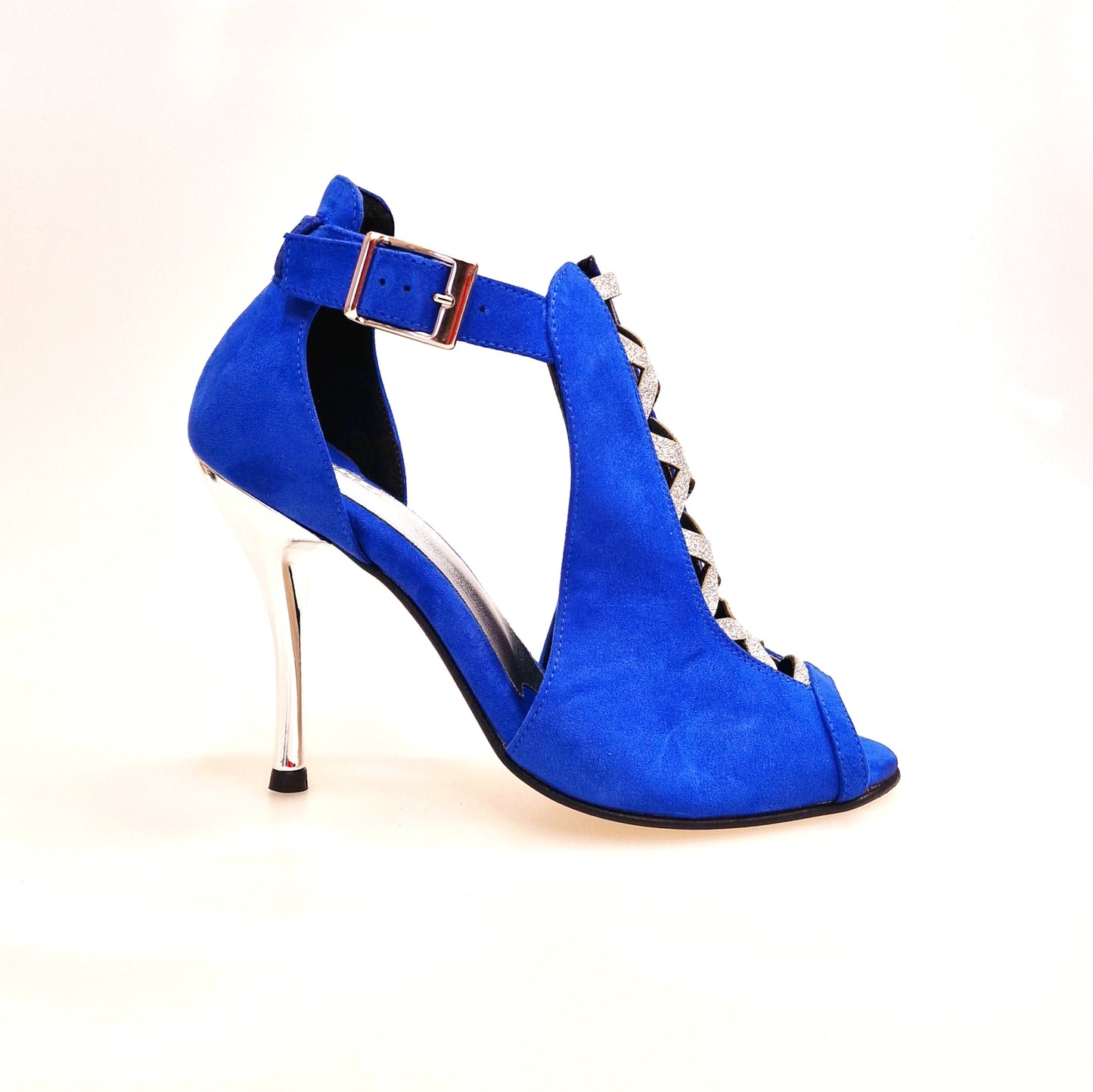 Scarpa da donna DINKA Wish Dance Shop in camoscio blu royal con inserti glitter argento e tacco a spillo laminato argento