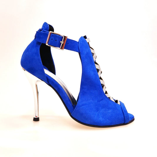 Scarpa da donna DINKA Wish Dance Shop in camoscio blu royal, glitter argento, tacco a spillo laminato argentato.