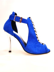 Carica immagine nella Galleria, DINKA (2304) -  Scarpa da Donna in Camoscio Blu Royal inserto collopiede in Glitter Argento Tacco a Spillo Laminato Argento
