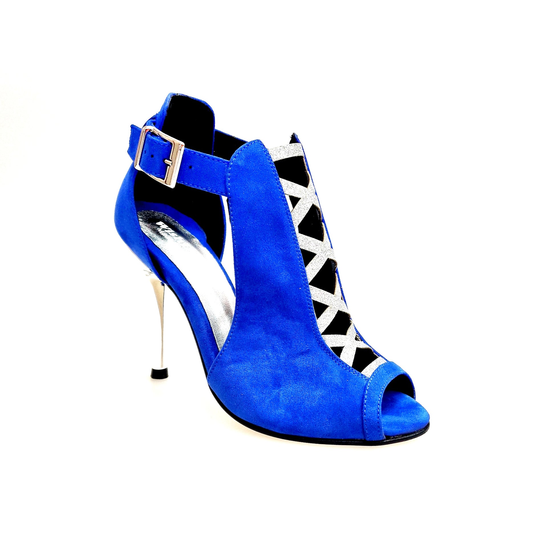 Scarpa da donna DINKA in camoscio blu royal con inserto glitter argento e tacco a spillo laminato argentato, stile elegante.