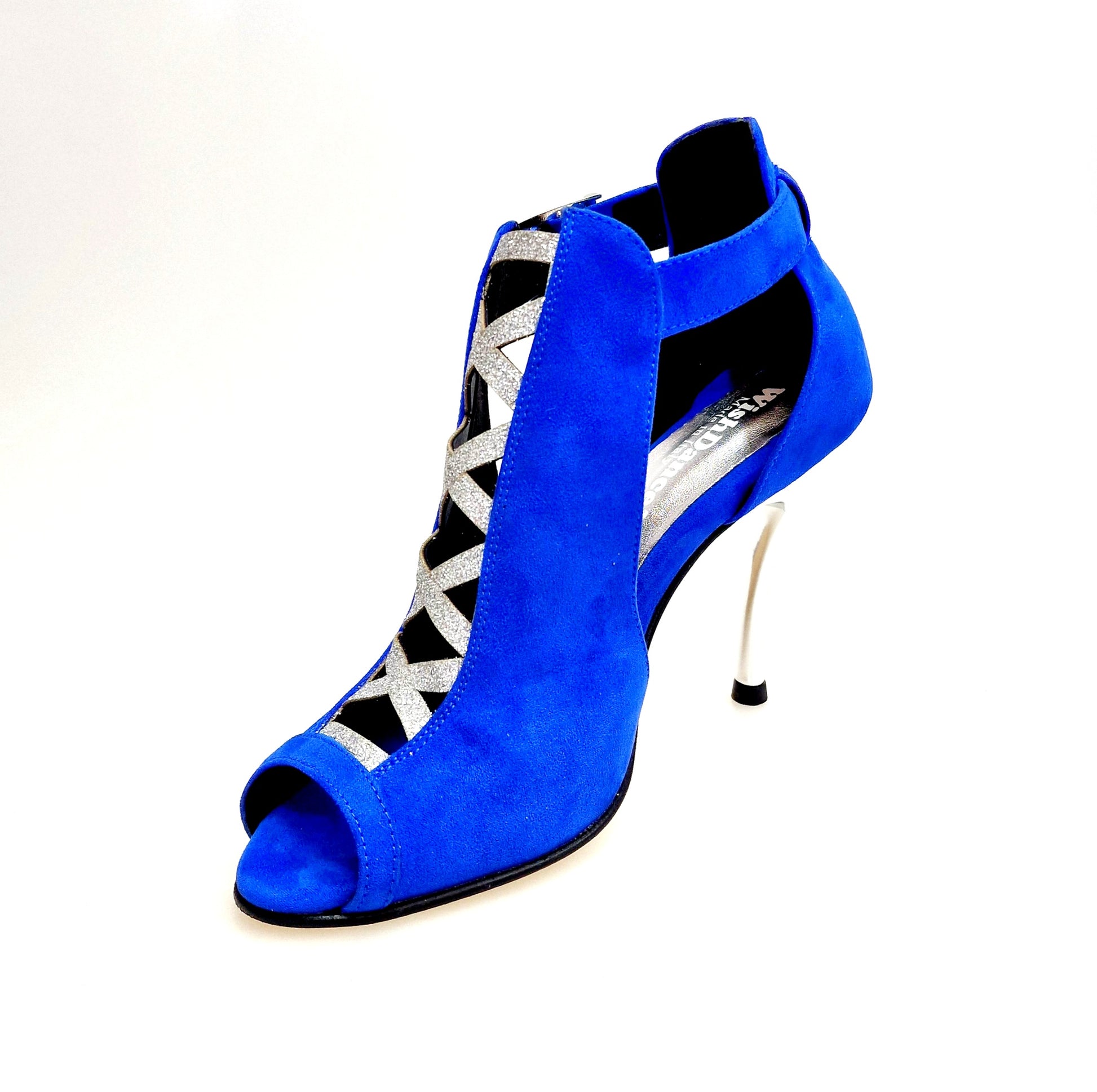 Scarpa da donna DINKA Wish Dance Shop in camoscio blu royal con inserto glitter argento e tacco a spillo laminato argento