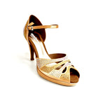 Carica immagine nella Galleria, Alexa (LP4) - Scarpa da Ballo in Raso Carne Flash Con Swarovski e Tacco Basso a Spillo Largo e Plateau
