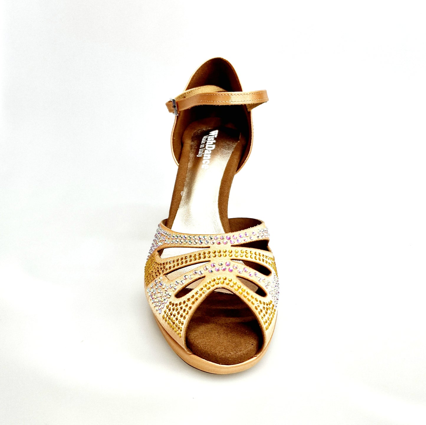 Scarpa da ballo Alexa LP4 in raso carne con Swarovski, tacco basso a spillo largo e plateau, desiderabile e elegante.