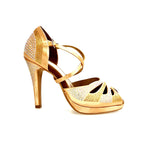 Load image into Gallery viewer, Alexa (LP45) - Scarpa da Ballo in Raso Seta Carne Flesh Con Swarovski Boreali e Beige con Tacco alto a Spillo largo e Plateau Confort Flex
