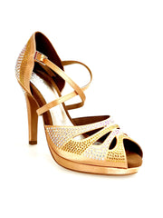 Load image into Gallery viewer, Alexa (LP45) - Scarpa da Ballo in Raso Seta Carne Flesh Con Swarovski Boreali e Beige con Tacco alto a Spillo largo e Plateau Confort Flex
