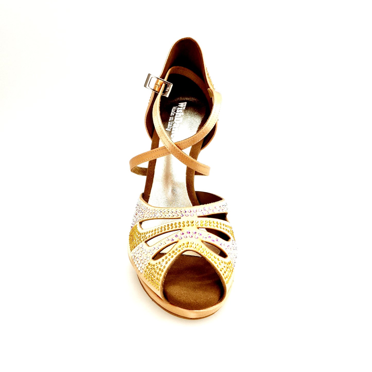Scarpa da ballo Alexa Wish Dance Shop in raso seta carne con Swarovski Boreali e beige, tacco alto a spillo con plateau.