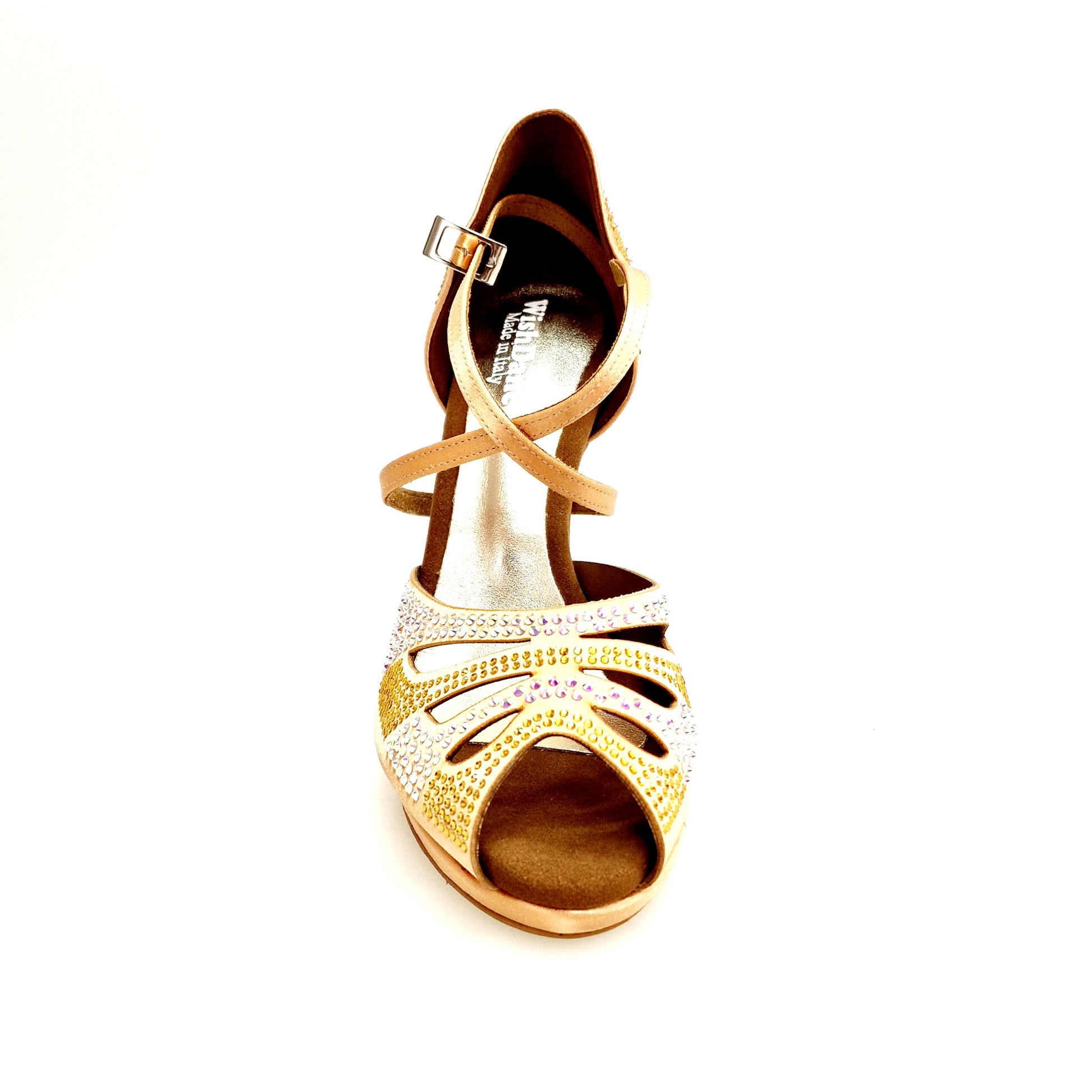 Scarpa da ballo Alexa Wish Dance Shop in raso seta carne con Swarovski Boreali e beige, tacco alto a spillo con plateau.
