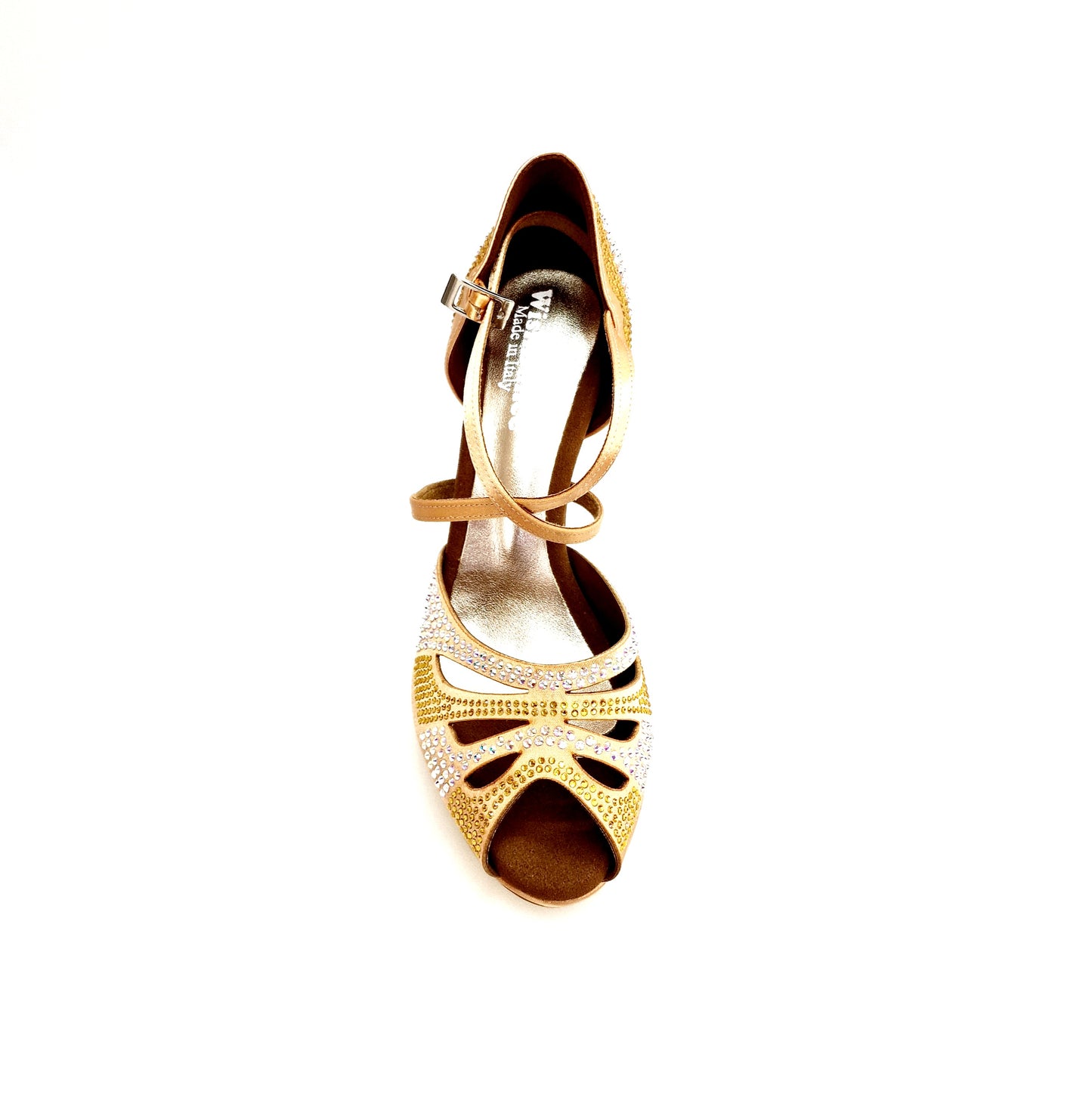 Scarpa da ballo Alexa Wish Dance Shop in raso seta carne con Swarovski Boreali e beige, tacco alto a spillo e plateau comodo