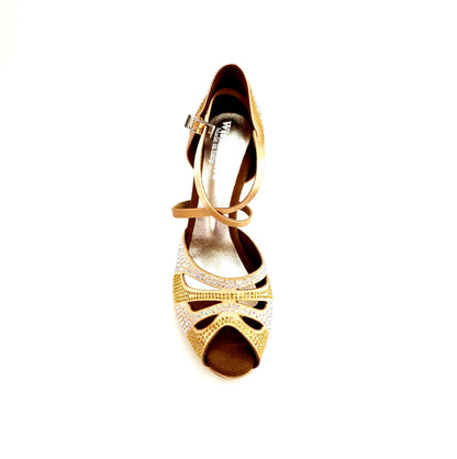 Scarpa da ballo Alexa Wish Dance Shop in raso seta carne con Swarovski Boreali e beige, tacco alto a spillo e plateau comodo