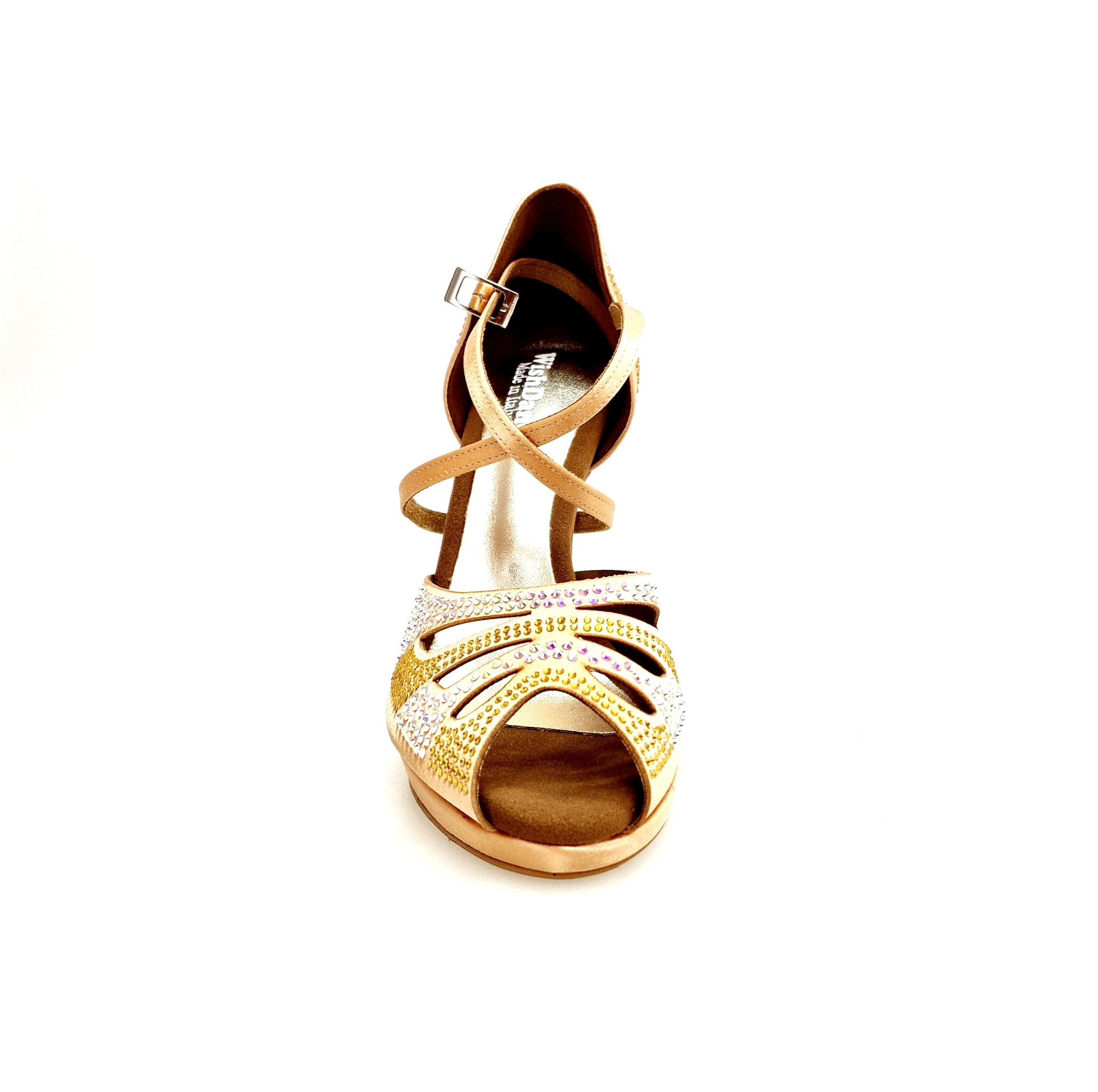 Scarpa da ballo Alexa Wish Dance Shop in raso seta carne con Swarovski, tacco alto a spillo e plateau, colore beige e rosa.