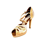 Load image into Gallery viewer, Alexa (LP45) - Scarpa da Ballo in Raso Seta Carne Flesh Con Swarovski Boreali e Beige con Tacco alto a Spillo largo e Plateau Confort Flex
