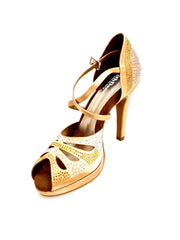 Load image into Gallery viewer, Alexa (LP45) - Scarpa da Ballo in Raso Seta Carne Flesh Con Swarovski Boreali e Beige con Tacco alto a Spillo largo e Plateau Confort Flex
