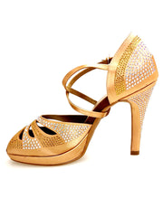 Load image into Gallery viewer, Alexa (LP45) - Scarpa da Ballo in Raso Seta Carne Flesh Con Swarovski Boreali e Beige con Tacco alto a Spillo largo e Plateau Confort Flex

