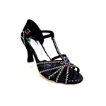 Load image into Gallery viewer, Rossella (L9) - Scarpa da Ballo in Raso Seta Nero Con Swarovski Boreali con Tacco a Rocchetto
