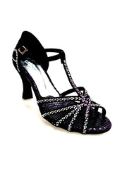 Carica immagine nella Galleria, Rossella (L9) - Scarpa da Ballo in Raso Seta Nero Con Swarovski Boreali con Tacco a Rocchetto
