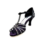 Load image into Gallery viewer, Rossella (L9) - Scarpa da Ballo in Raso Seta Nero Con Swarovski Boreali con Tacco a Rocchetto
