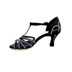 Load image into Gallery viewer, Rossella (L9) - Scarpa da Ballo in Raso Seta Nero Con Swarovski Boreali con Tacco a Rocchetto
