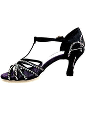 Carica immagine nella Galleria, Rossella (L9) - Scarpa da Ballo in Raso Seta Nero Con Swarovski Boreali con Tacco a Rocchetto
