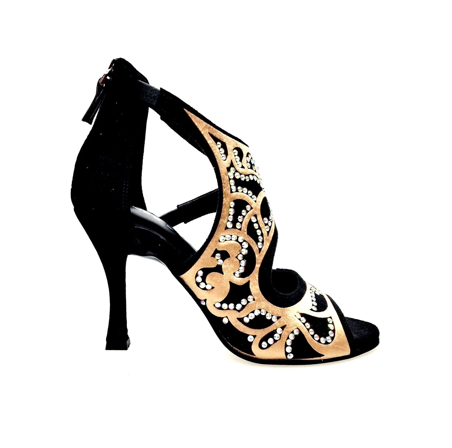 Sandalo Wishdance Desiré SW da donna in camoscio nero con inserti in raso seta bronzo e dettagli Swarovski Boreali.