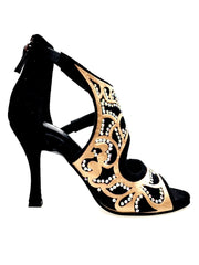 Carica immagine nella Galleria, Desiré SW - Sandalo da Donna in Camoscio Nero Inserto Raso Seta Bronzo con Swarovski Boreali
