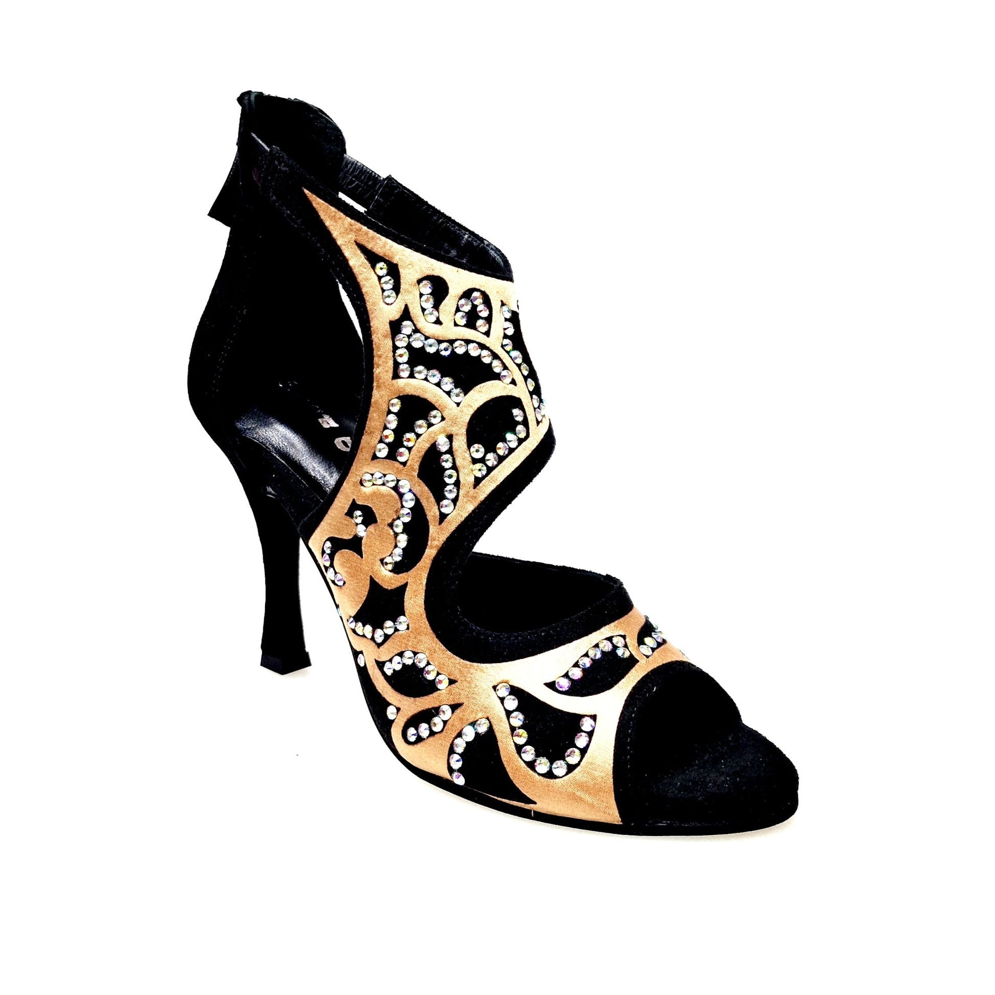 Sandalo da donna Wishdance Desiré SW in camoscio nero con inserto in raso seta bronzo e Swarovski Boreali, scarpa elegante.