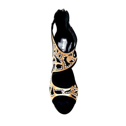 Sandalo donna Wishdance Desiré SW in camoscio nero con inserto raso seta bronzo e dettagli Swarovski Boreali.