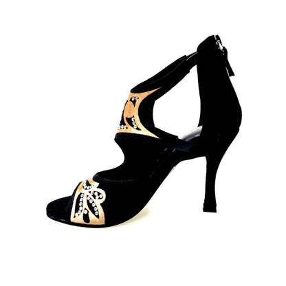 Scarpa donna Desiré SW Wishdance in camoscio nero con inserto raso seta bronzo e Swarovski Boreali, elegante e raffinata