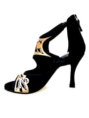 Carica immagine nella Galleria, Desiré SW - Sandalo da Donna in Camoscio Nero Inserto Raso Seta Bronzo con Swarovski Boreali
