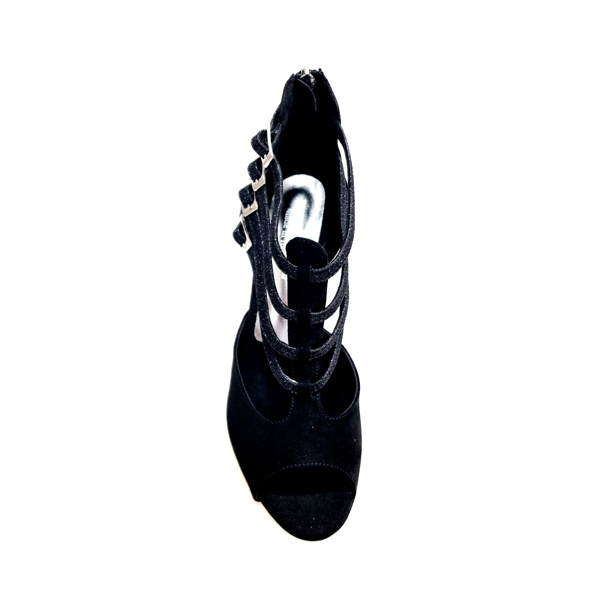 Scarpa da donna in camoscio nero con tacco basso, glitter nero, sottopiede in camoscio, modello Lussuria (779) di Wish Dance Shop