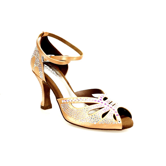 Scarpa da ballo Wish Dance Shop DADA Diamond QB in raso carne con cinturino incrociato alla caviglia, Swarovski e tacco a rocchetto