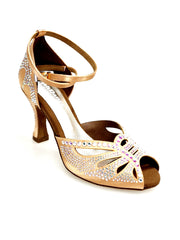 Carica immagine nella Galleria, DADA Diamond QB (L52) - Scarpa da Ballo da Donna in Raso Carne Cinturino incrociato alla caviglia Con Swarovski  Boreali Tacco a Rocchetto
