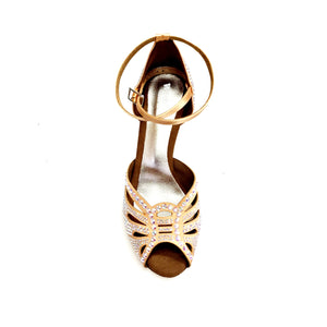 DADA Diamond QB (L52) - Scarpa da Ballo da Donna in Raso Carne Cinturino incrociato alla caviglia Con Swarovski  Boreali Tacco a Stiletto Squadrato Laminato Oro