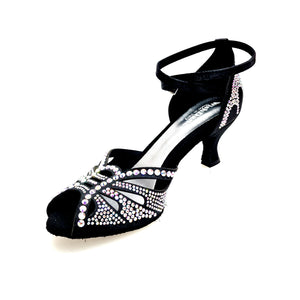 DADA Diamond QB (L52) - Scarpa da Ballo da Donna in Raso Nero Cinturino incrociato alla caviglia Con Swarovski  Boreali Tacco a Basso a Rocchetto