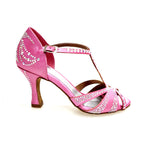 Carica immagine nella Galleria, CAMILA Superb (accollata) L13 - Scarpa da Ballo in Raso Seta Rosa Fuxia con Swarovski Boreali e Tacco a Rocchetto
