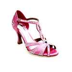 Carica immagine nella Galleria, CAMILA Superb (accollata) L13 - Scarpa da Ballo in Raso Seta Rosa Fuxia con Swarovski Boreali e Tacco a Rocchetto
