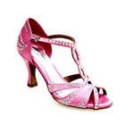 Carica immagine nella Galleria, CAMILA Superb (accollata) L13 - Scarpa da Ballo in Raso Seta Rosa Fuxia con Swarovski Boreali e Tacco a Rocchetto
