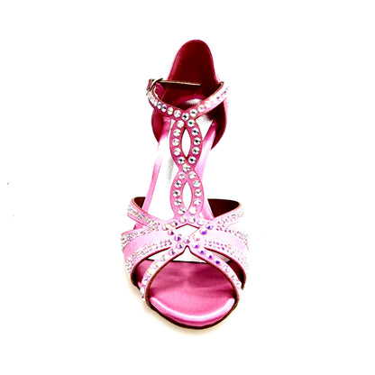 Scarpa da ballo Camila Superb Wish Dance Shop in raso di seta rosa fuxia con Swarovski boreali, tacco a stiletto squadrato e laminato argento