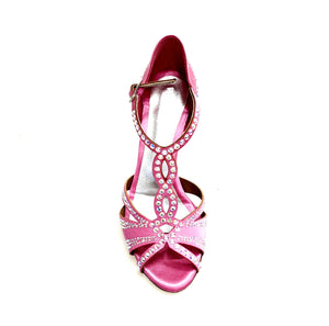 CAMILA Superb (accollata) L13 - Scarpa da Ballo in Raso Seta Rosa Fuxia con Swarovski Boreali e Tacco a Stiletto Squadrato Sottile  Laminato Argento