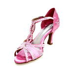 Carica immagine nella Galleria, CAMILA Superb (accollata) L13 - Scarpa da Ballo in Raso Seta Rosa Fuxia con Swarovski Boreali e Tacco a Rocchetto
