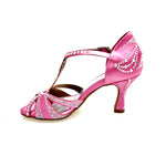 Carica immagine nella Galleria, CAMILA Superb (accollata) L13 - Scarpa da Ballo in Raso Seta Rosa Fuxia con Swarovski Boreali e Tacco a Rocchetto
