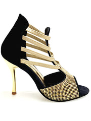 Carica immagine nella Galleria, DORA (460PW)  Sandalo da Donna in Camoscio Nero Elastici Oro con Livrea in borchiette Oro e tacco a spillo laminato Oro
