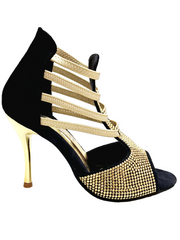 Carica immagine nella Galleria, DORA (460PW)  Sandalo da Donna in Camoscio Nero Elastici Oro con Livrea in borchiette Oro e tacco a spillo laminato Oro
