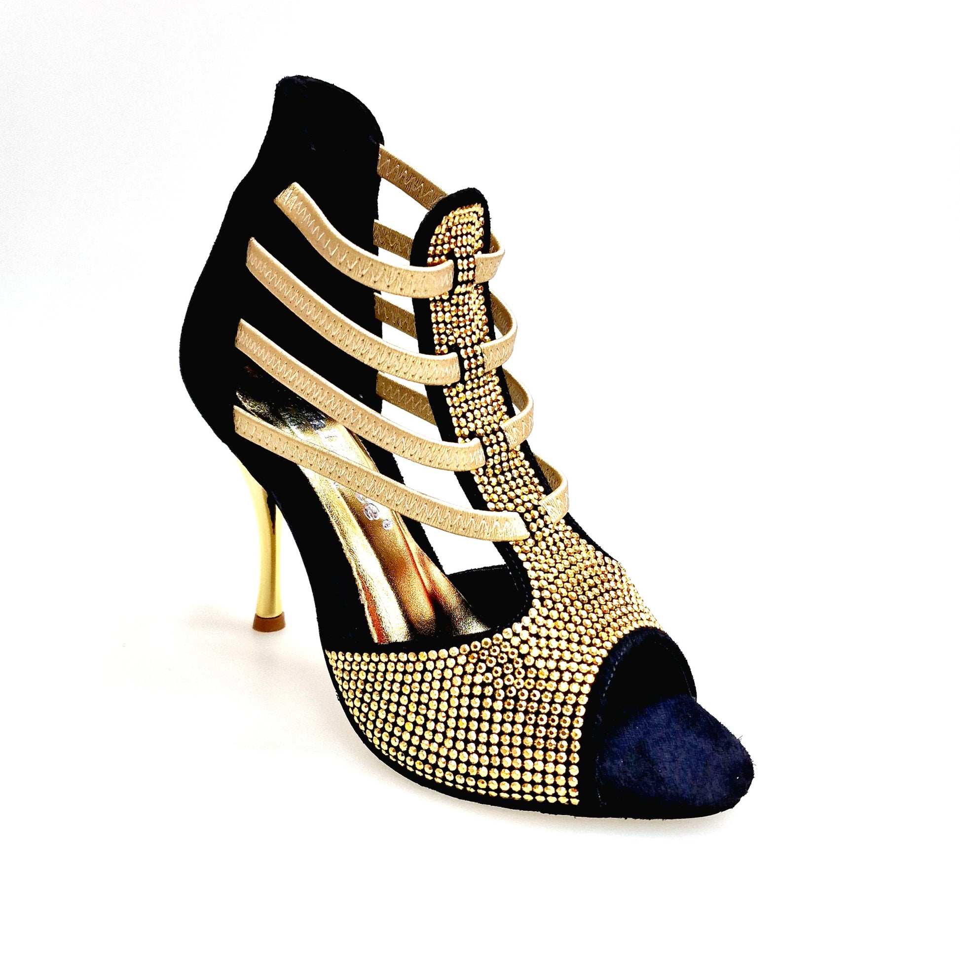 Sandalo donna Dora (460PW) in camoscio nero con elastici oro, dettagli in borchiette oro e tacco a spillo laminato oro.